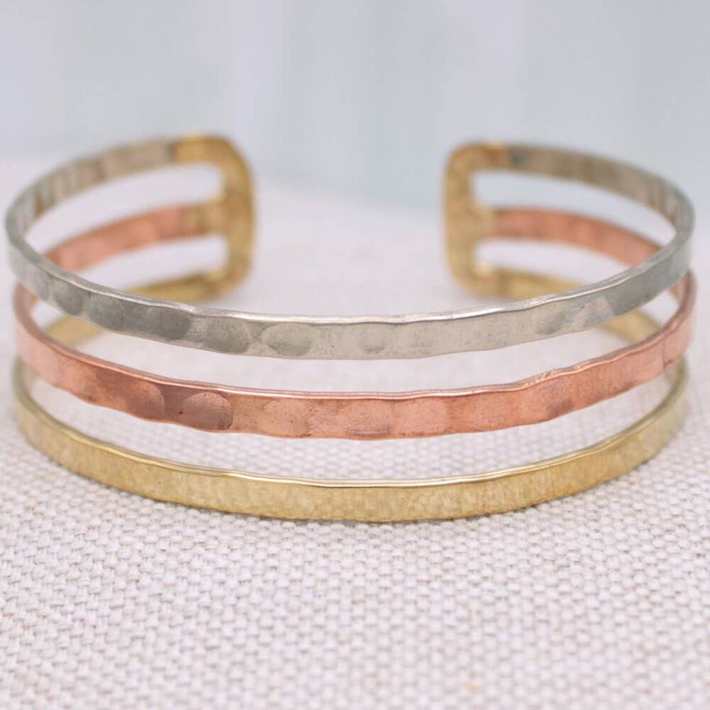 Triple Line Mixed Metal Hammered Cuff Bracelet